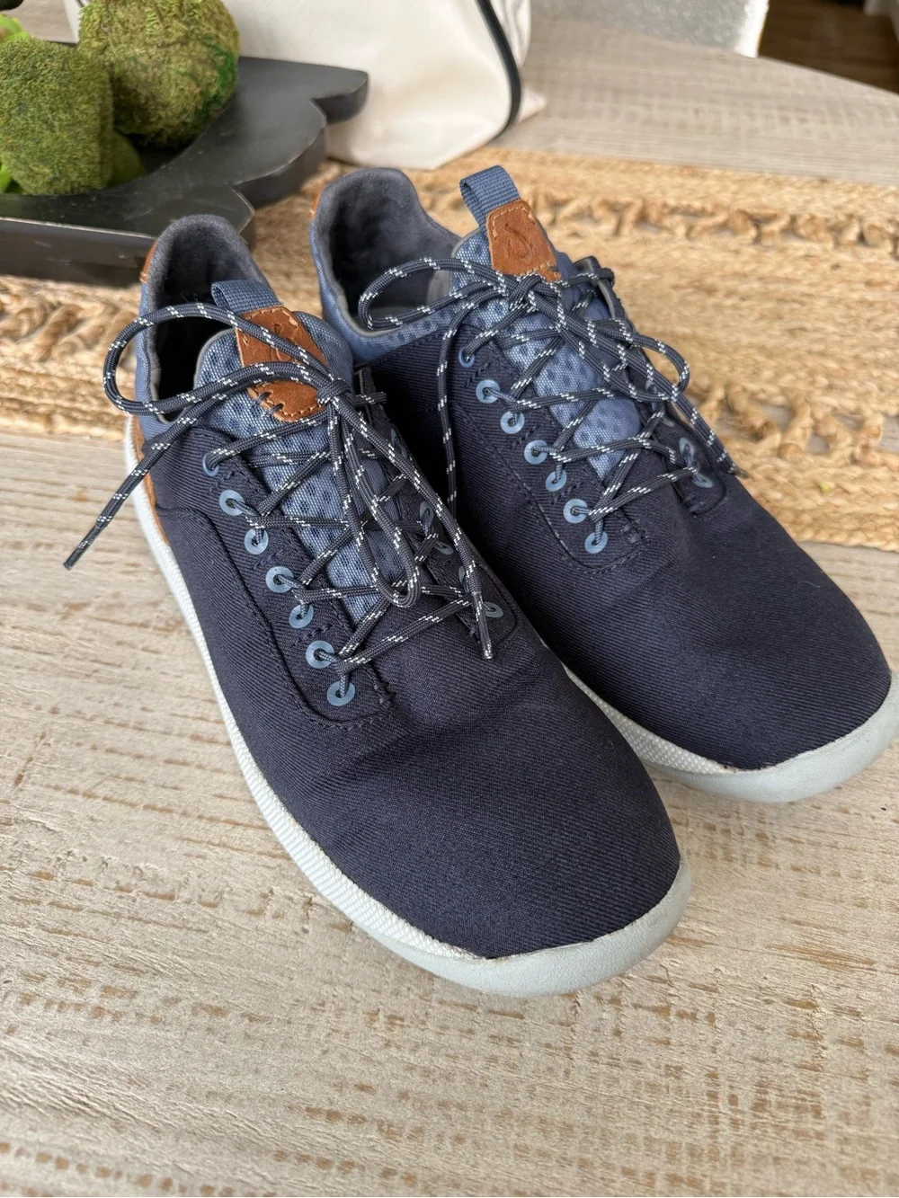 OluKai Navy Canvas Lace-Up Sneakers with Brown Leather Accents like new!